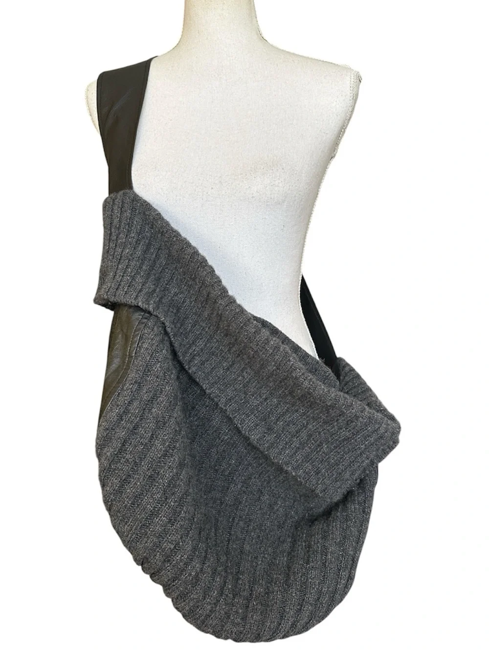 Darzzi Leather and Gray Lambswool Ribbed Knit Hobo Bag Slouchy Oversized Sling
